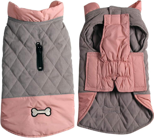 Reversible Dog Coat for Medium Dogs with 2 Leash Openings | Reversible Dog Jacket with Dual Leash Openings, Warm Winter Coat for Cold Weather Walks, Pink & Grey,M